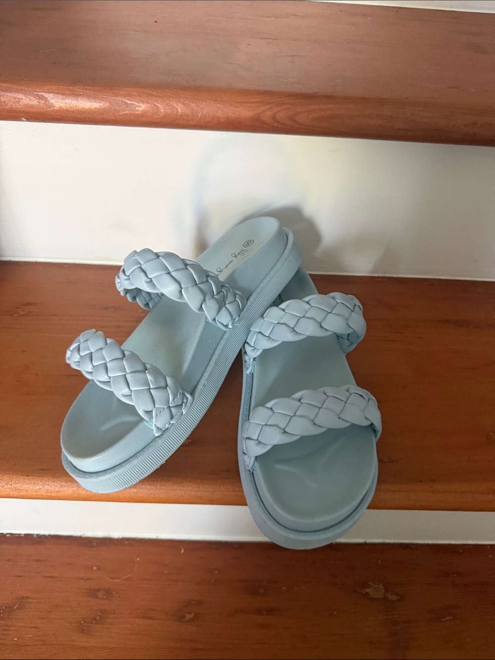 Braided Double-Strap Slide Sandals in Light Blue - Women